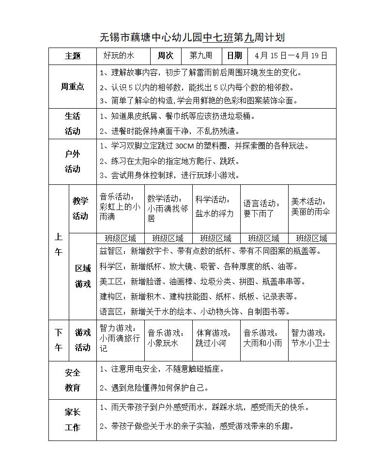 中七班第九周周计划