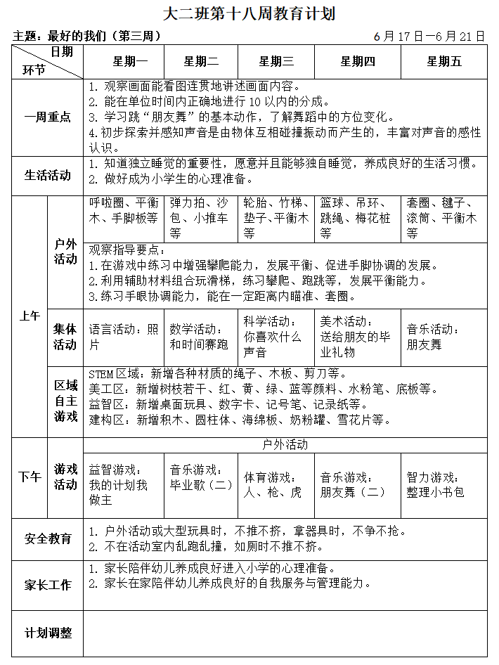 大二班第十八周周计划